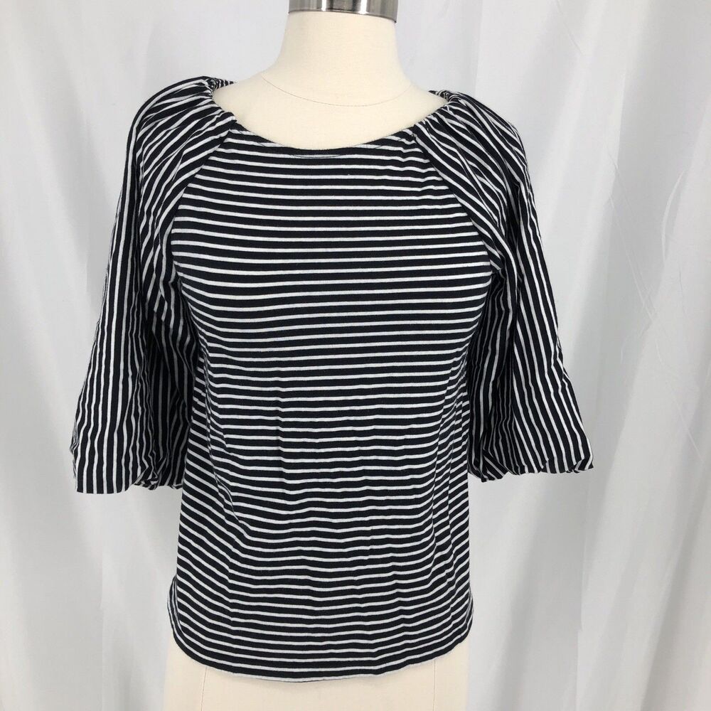 Banana Republic Womens Tee Black Striped Short Balloon Sleeve Scoop Neck Size XS